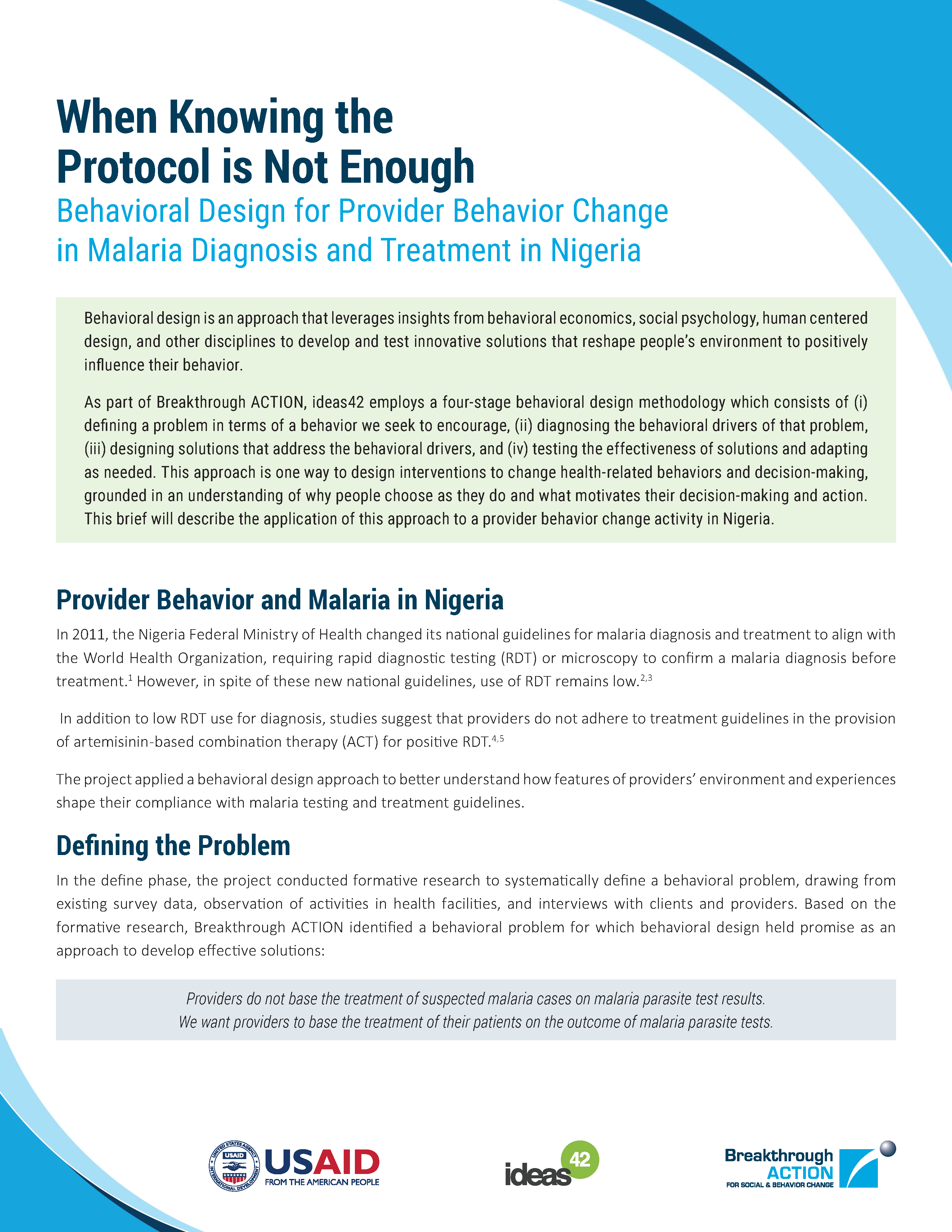 When Knowing the Protocol is Not Enough: Behavioral Design for PBC in  Malaria Diagnosis and Treatment in Nigeria - Breakthrough ACTION and  RESEARCH
