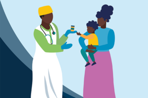 Graphic of an African doctor with a mother holding a toddler