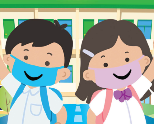 A graphic of two Filipino children wearing face masks with smiles