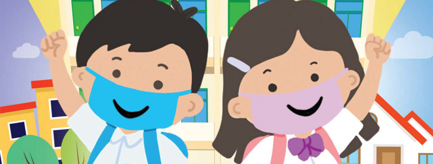 A graphic of two Filipino children wearing face masks with smiles