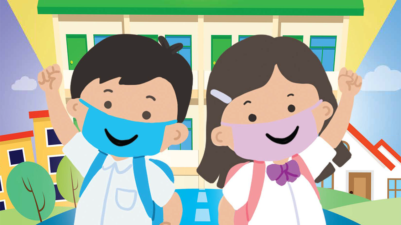 A graphic of two Filipino children wearing face masks with smiles