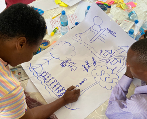 Two young men drawing during an HCD workshop in Tanzania
