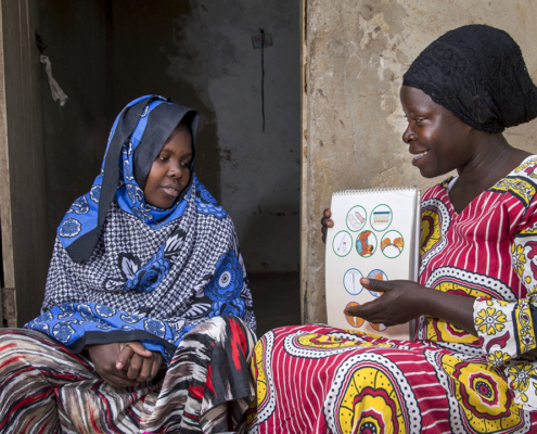 Female community health worker talks to a woman during a home visit in Uganda