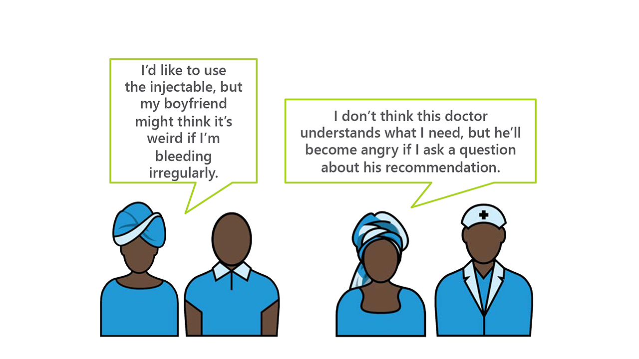 "I’d like to use the injectable, but my boyfriend might think it’s weird if I’m bleeding irregularly." "I don’t think this doctor understands what I need, but he’ll become angry if I ask a question about his recommendation."