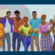A graphic featuring a group of people in front of a colorful background.