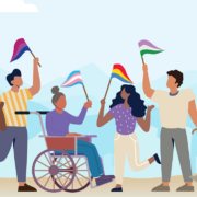 Graphic with six people holding up pride flags