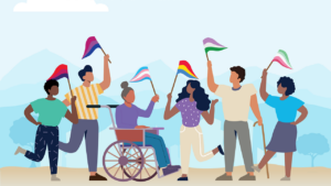 Graphic with six people holding up pride flags