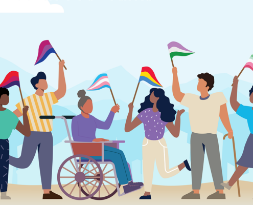 Graphic with six people holding up pride flags