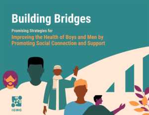 Graphic of men and a bridge in the background