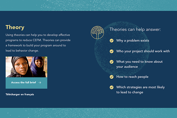 Using theories can help you to develop effective programs to reduce CEFM. Theories can provide a framework to build your program around to lead to behavior change.