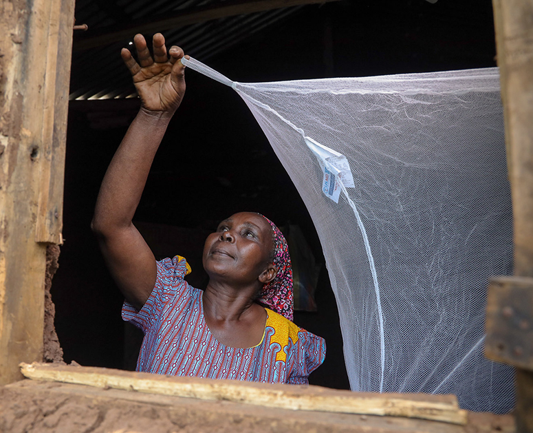 A woman installing a mosquito net in her home in Kenya