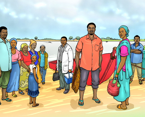 A group of people gathered around a red boat in South Sudan