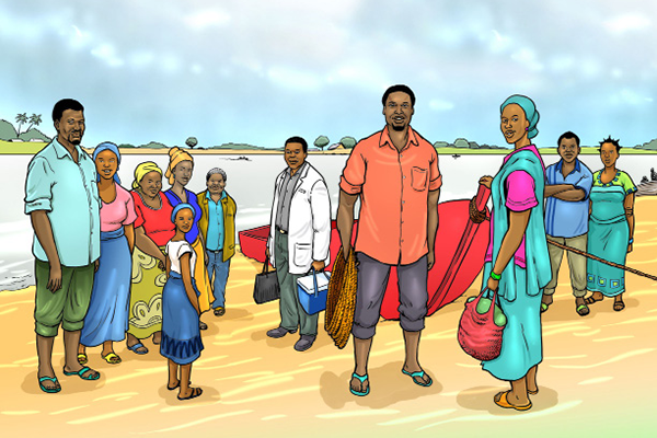 A group of people gathered around a red boat in South Sudan