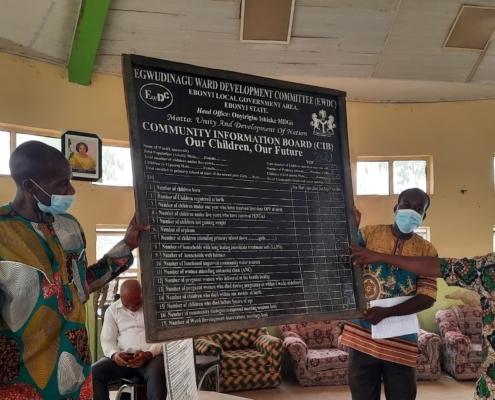 Two men holding up a chalk board and one man pointing to data on the board.