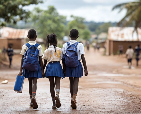 Three African girls walking home from school