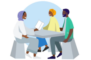 Man and woman speaking with health care provider